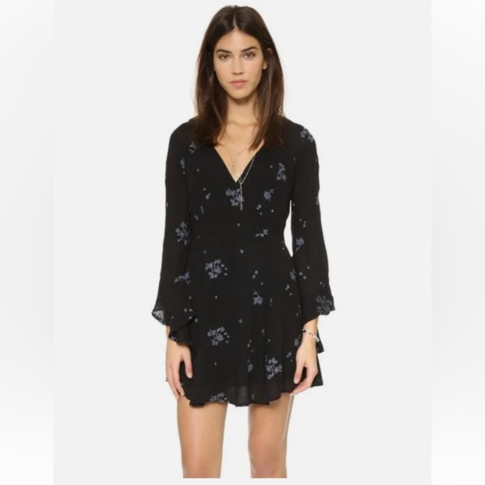 Free People Black Jasmine Floral Embroidered Bell Sleeve Mini Dress